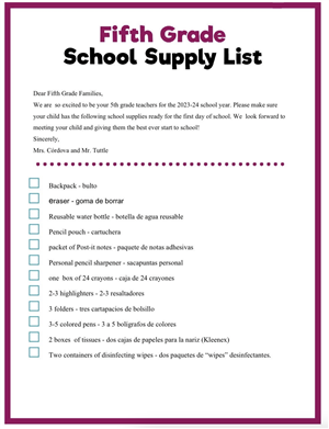 5th Grade Supply List